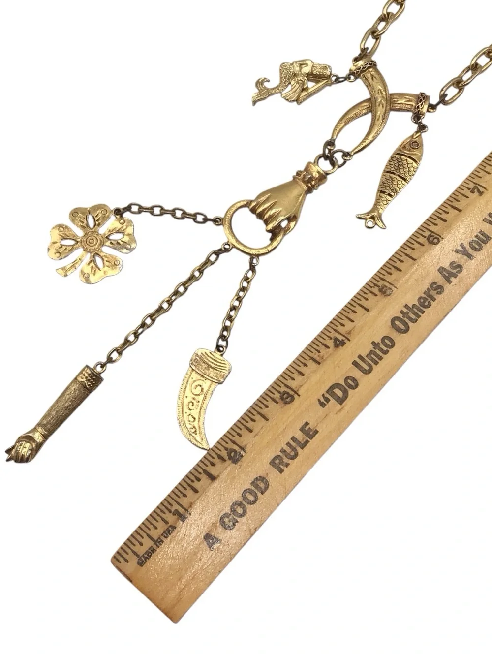 Vintage Gold-tone Hand Charm Talisman Necklace, Fish, Mermaid, Clover